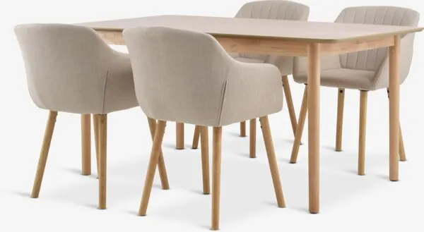 NORDENSKOV L160/240 tafel naturel eiken + 4 ADSLEV beige