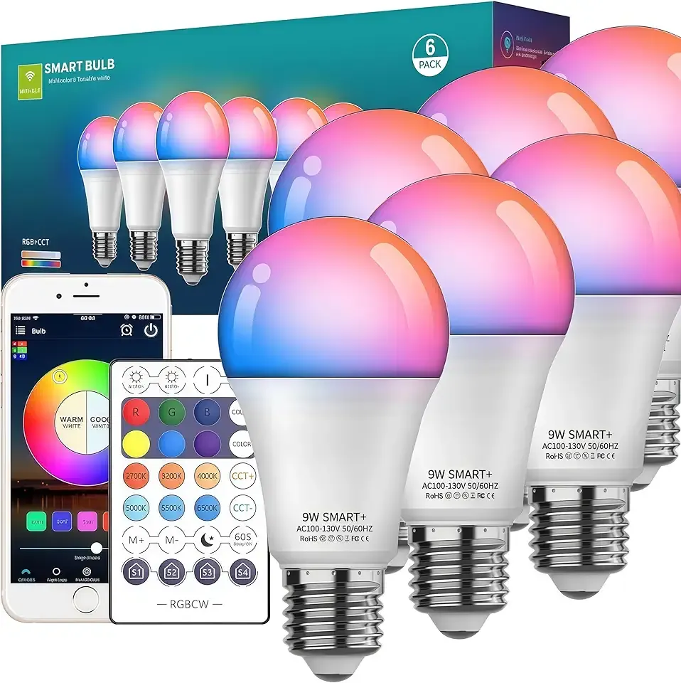 Smart Light Bulbs 6Pack with Remote, Color Changing Light Bulbs Work w/Alexa Google Home, 9W A19 E26 800LM Colored LED Bulb, 2.4GHz Only, 50+ DIY Scenes, App & Voice Control WiFi Light Bulbs