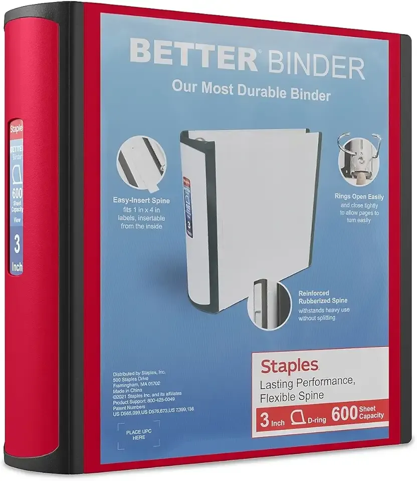 Staples Heavy-Duty 3-Inch D-Ring Binder, Red – 3-Ring Binder with Vinyl Cover, Holds Up to 600 Sheets for School & Office