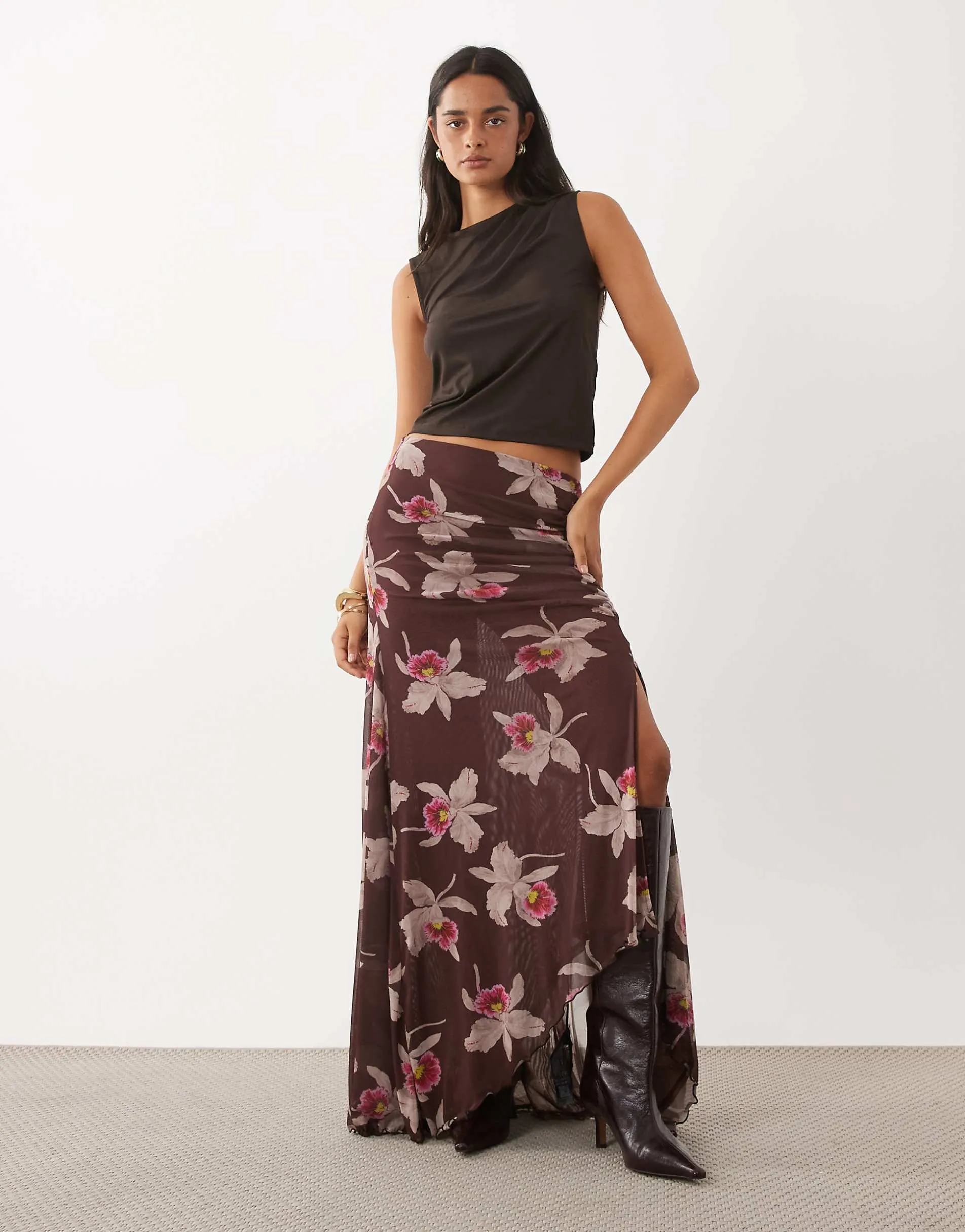 ASOS DESIGN co-ord printed mesh split hank hem maxi skirt in brown floral