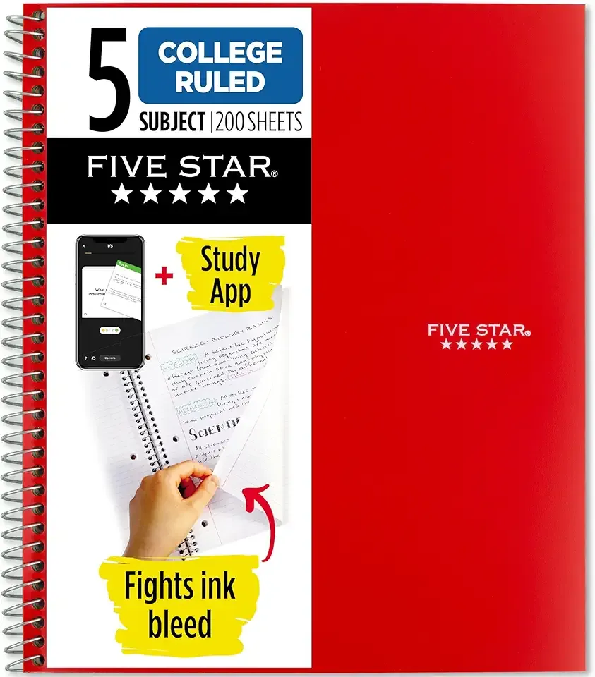 Five Star Spiral Notebook + Study App, 5 Subject, College Ruled Paper, 8-1/2" x 11", 200 Sheets, Fights Ink Bleed, Water Resistant Cover, Fire Red (72077)