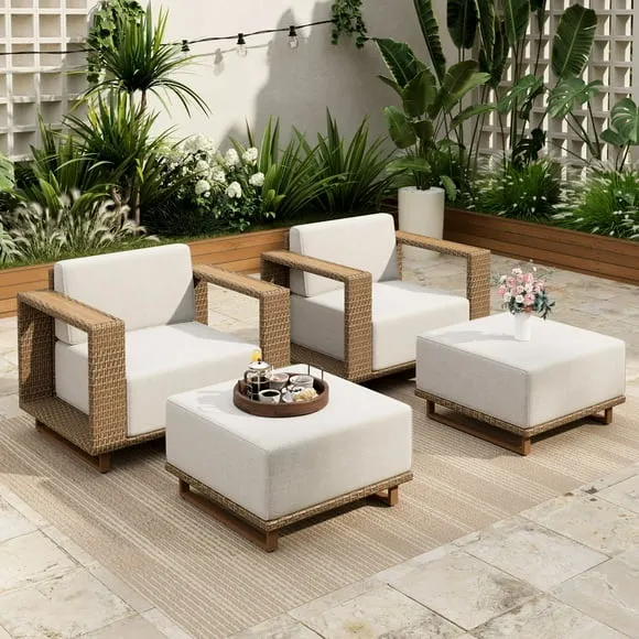 Sophia & William 4 Pieces Wicker Patio Furniture Set with 2Pcs Chairs & 2 Ottomans, Yellow-Brown & Beige