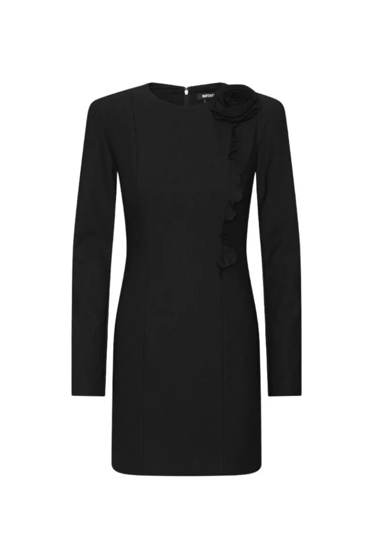 Crepe Mini Long Sleeve Flower Dress - Sort