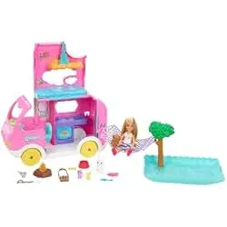 Barbie Camper, Chelsea 2-in-1 Playset | Small Doll, 2 Pets & 15 Accessories, Vehicle Transforms into Camp Site (Amazon Exclusive)