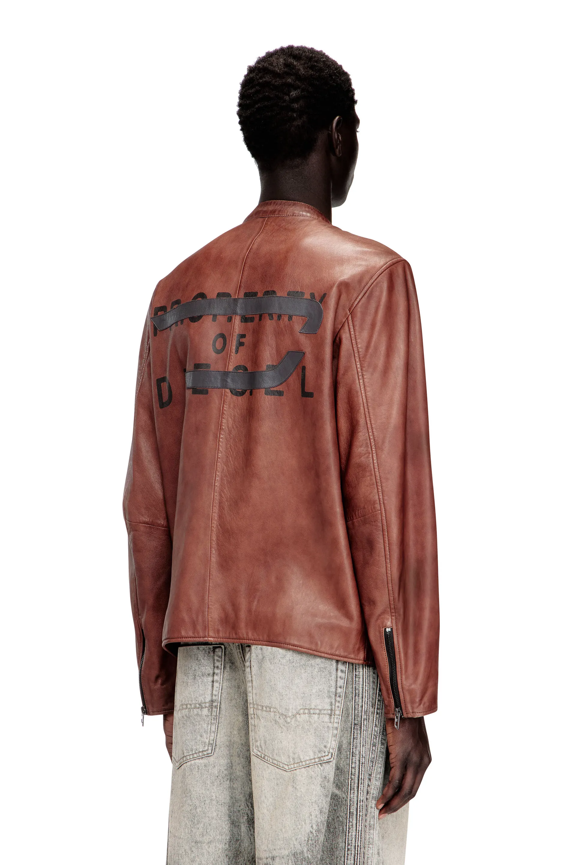 Leather biker jacket with archival logo