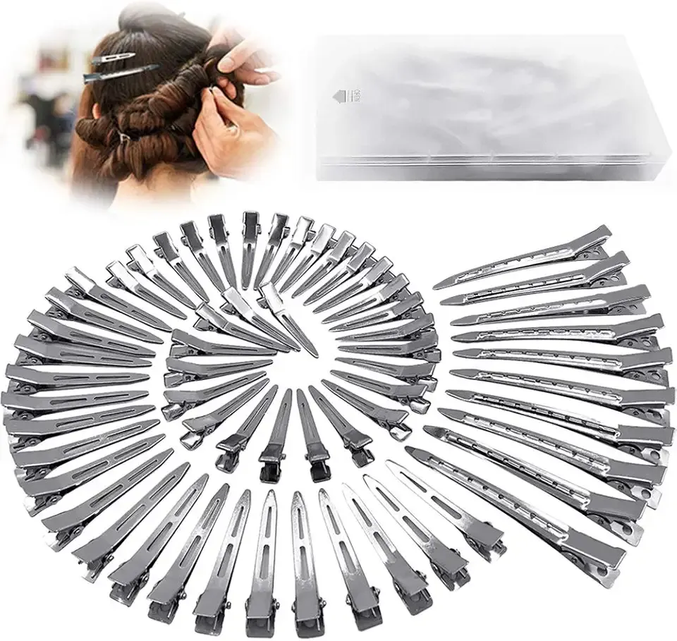 HiJeaton 60Pcs Metal Duck Billed Hair Clips for Women Styling Sectioning, Silver Hair Pins for Long Hair, Alligator Curl Loc Clips for Thick Hair Roller, Salon, Bows DIY