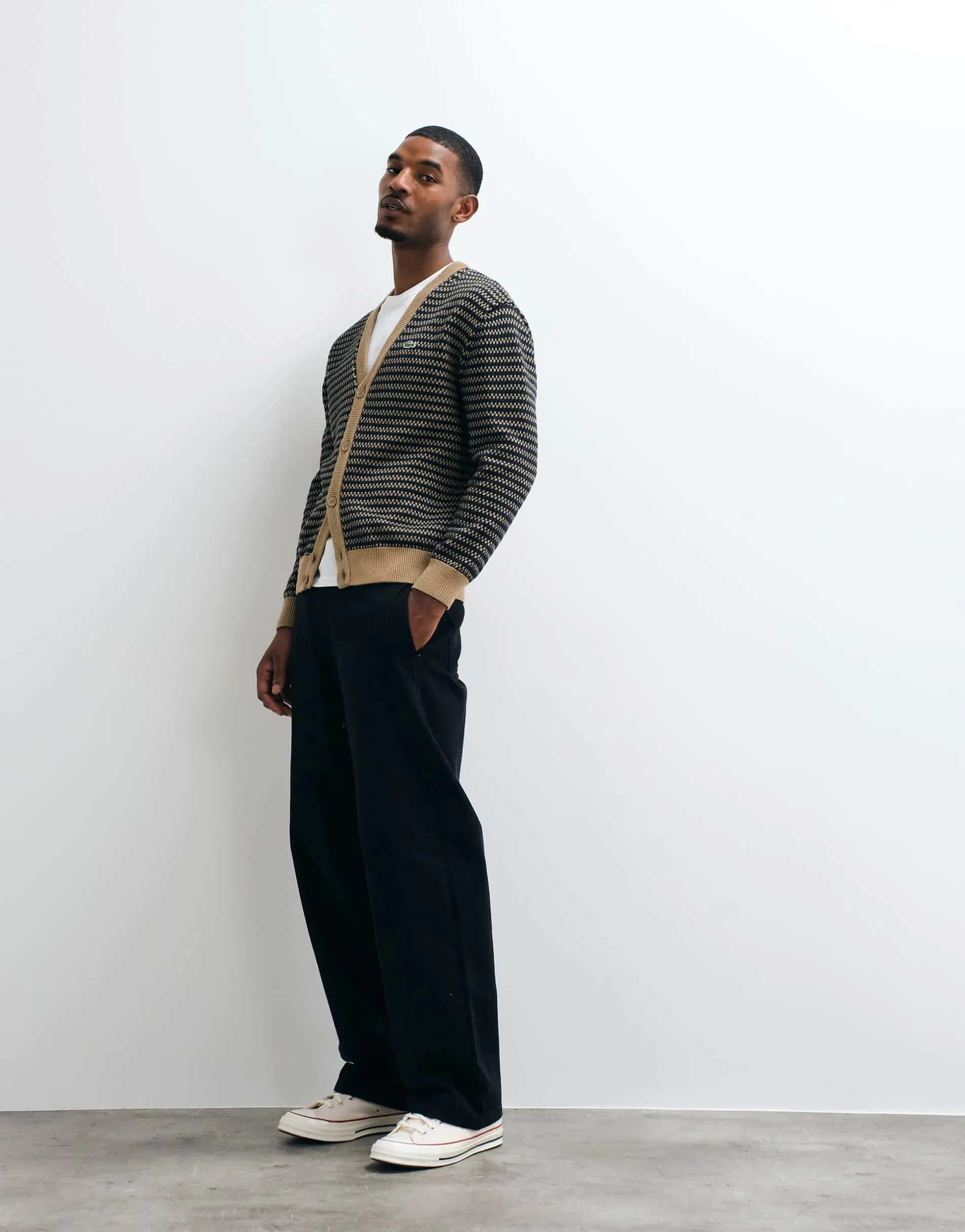 Lacoste stripe v neck cardigan in green and tan