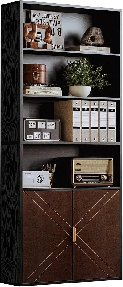 IRONCK Book Shelf and Bookcase with Leather Doors, 70" Tall Bookshelf, 6 Tier Display Case Floor Standing for Home Office, Living Room, Black