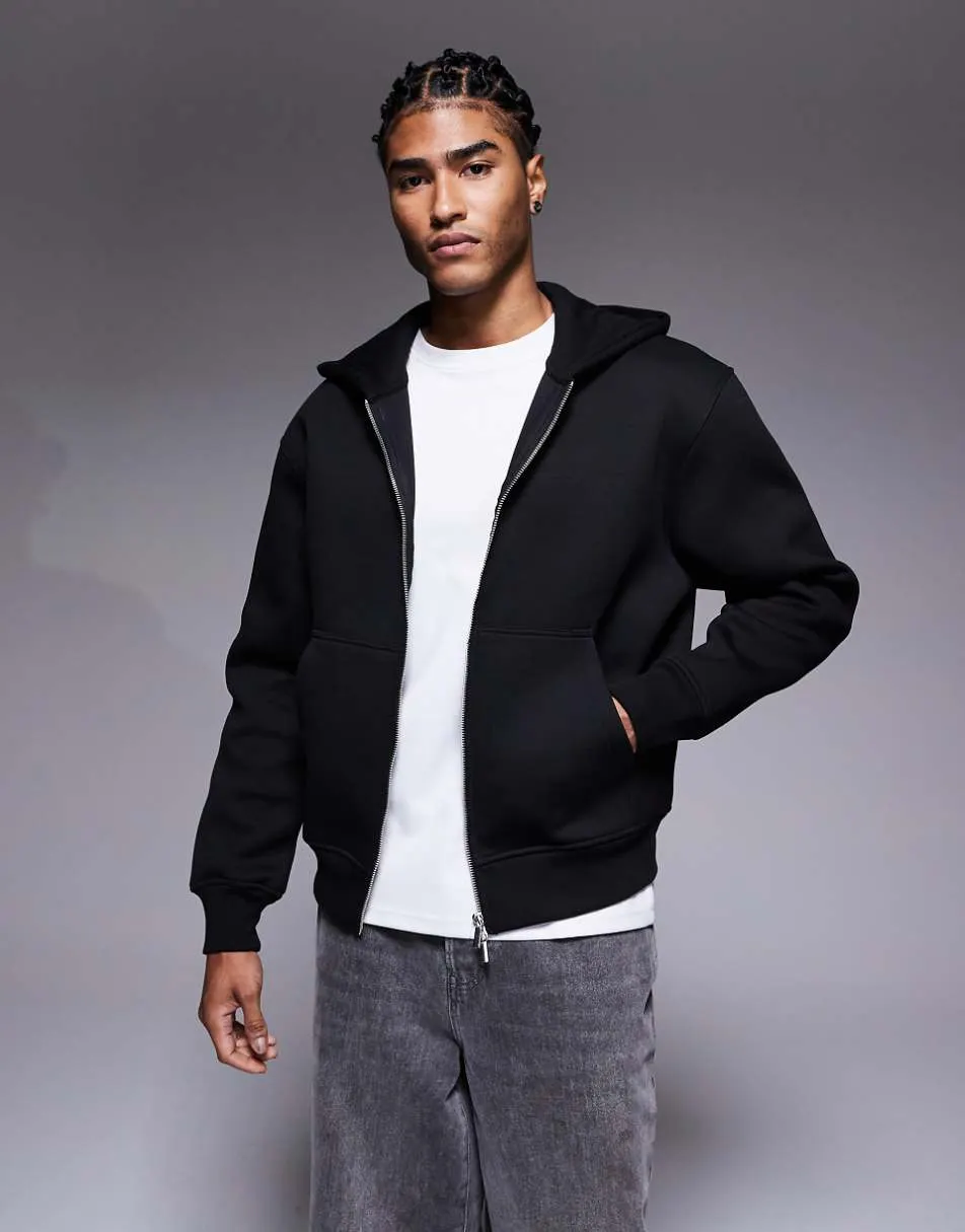 ASOS DESIGN heavyweight relaxed boxy zip-through in scuba-style fabric in black