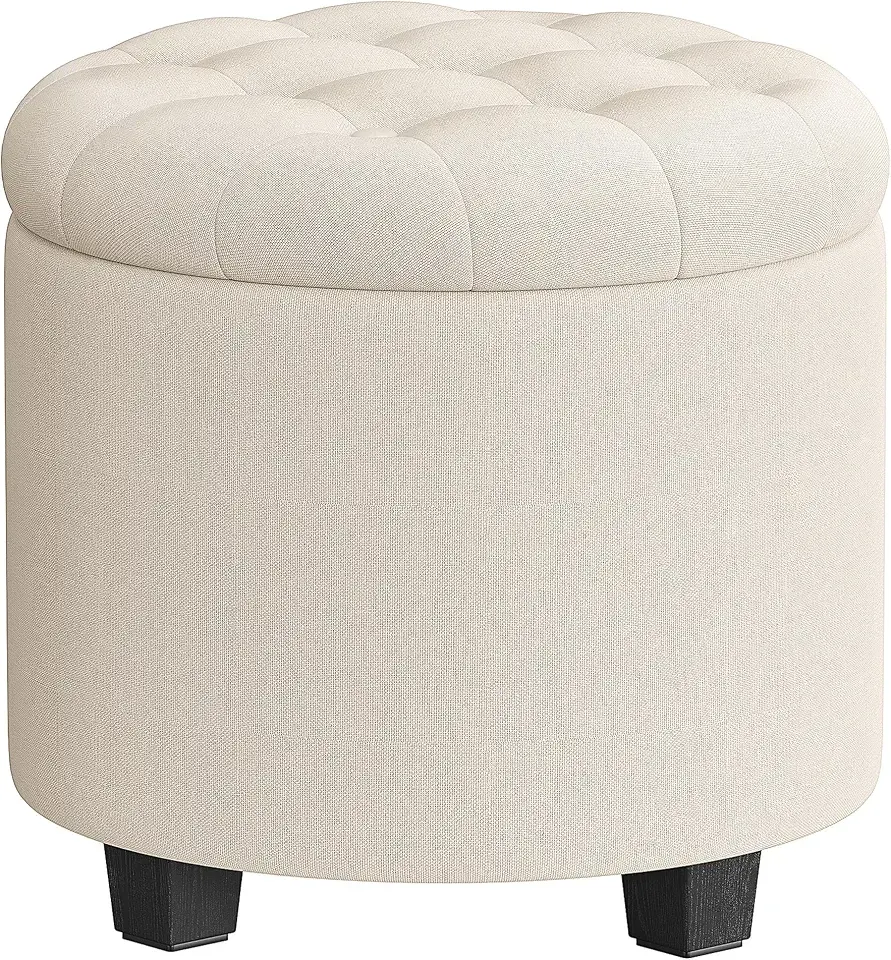 Vanity Stool, Round Ottoman with Storage, Linen-Look Fabric
