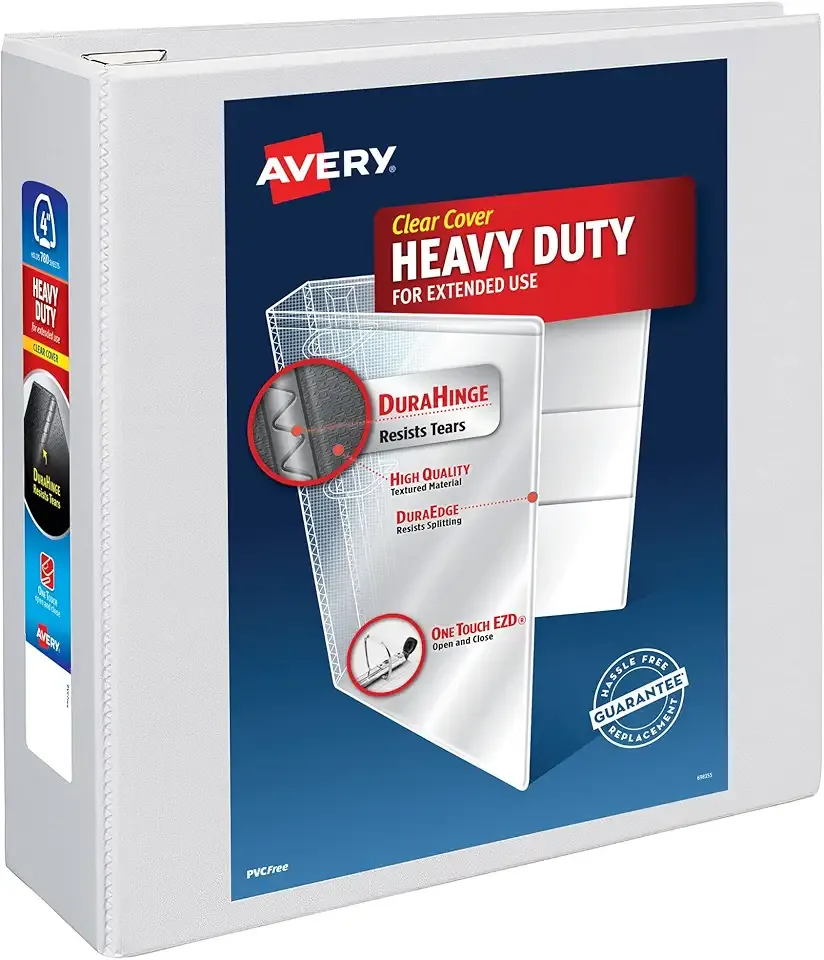 Avery Heavy-Duty View 3 Ring Binder, 4 Inch One Touch EZD Rings, 780-Sheet Capacity, 4.5 Inch Wide Spine, Customizable Clear Cover and Spine, 1 White Binder (79104)