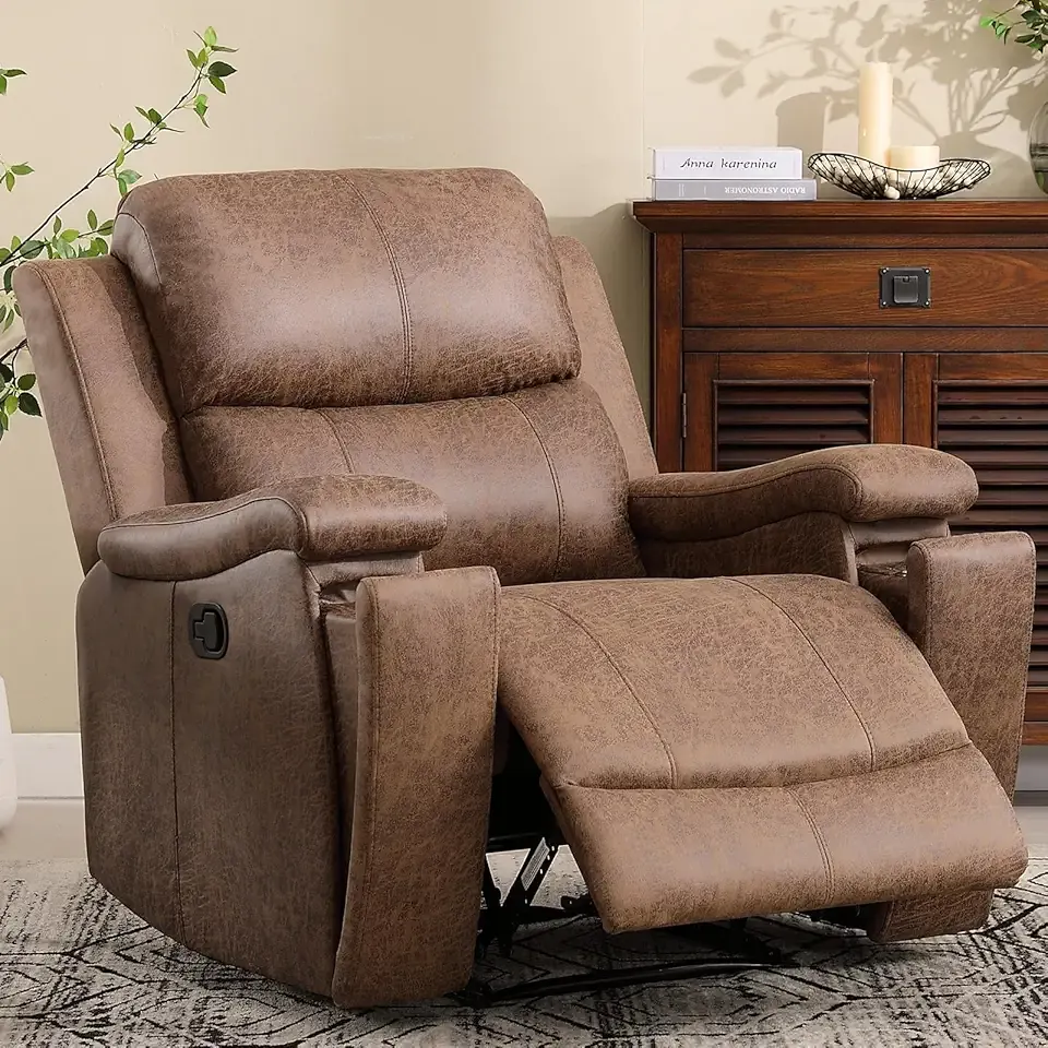 CANMOV Leather Recliner Chair, Classic and Traditional Manual Recliner Chair with Overstuffed Arms and Back, Manual Single Sofa with Concealed Cup Holders,Nut Brown