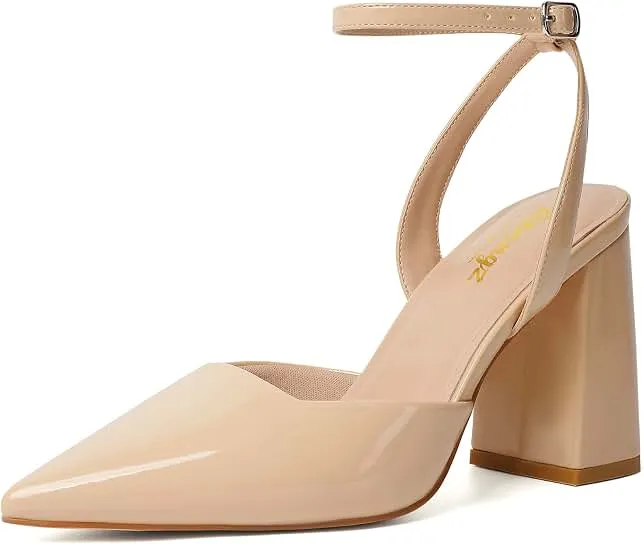 RIBONGZ Block Heels for Women Closed Pointed Toe Heeled Slingback Chunky High Heel Ankle Strap Pumps Patent Leather Comfort Dressy Sho…
