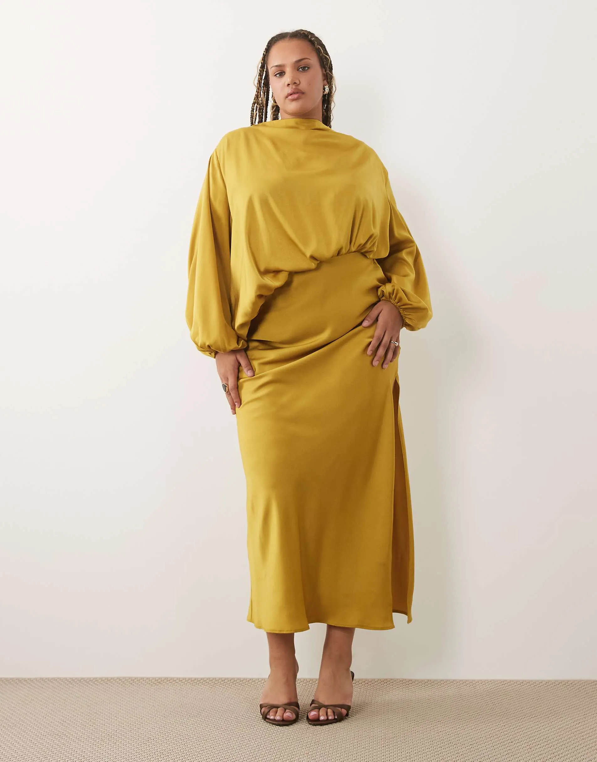 ASOS DESIGN Curve asymmetric bodice maxi dress with blouson sleeves in olive green