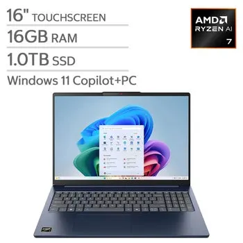 Lenovo IdeaPad Slim 5 16" Touchscreen Laptop - AMD Ryzen AI 7 350 - WUXGA (1920 x 1200) - Windows 11 Home - 16GB RAM - 1TB SSD