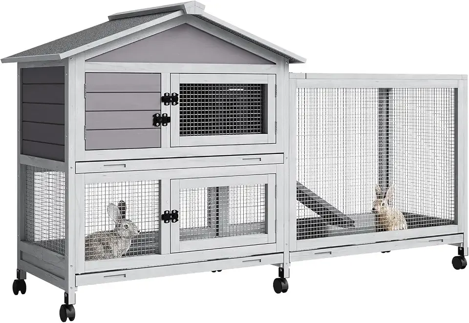 GarveeLife Rabbit Hutch with Weatherproof Asphalt Roof, Bunny Hutch with Wheels & Pull-Out Tray, Rabbit Cage Guinea Pig Cages for Small to Medium Animals, Indoor Outdoor Use, Grey