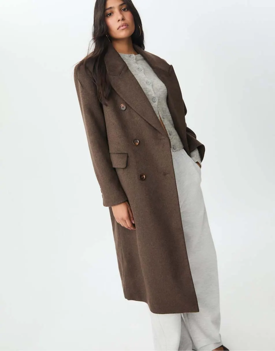 Stradivarius Long double-breasted coat in brown