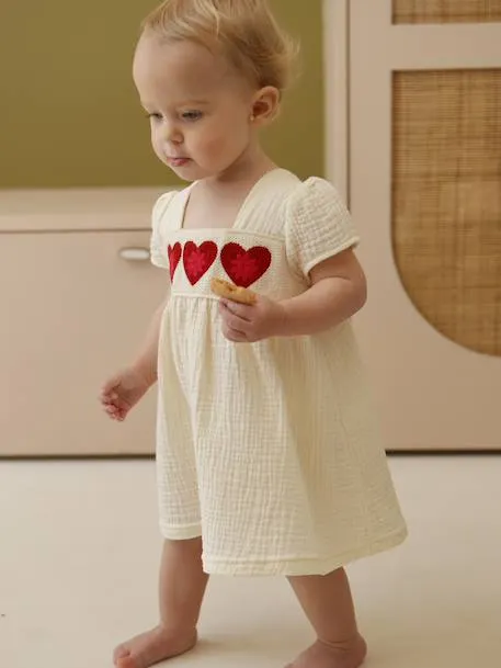 Robe bébé fille crochet cœurs - écru