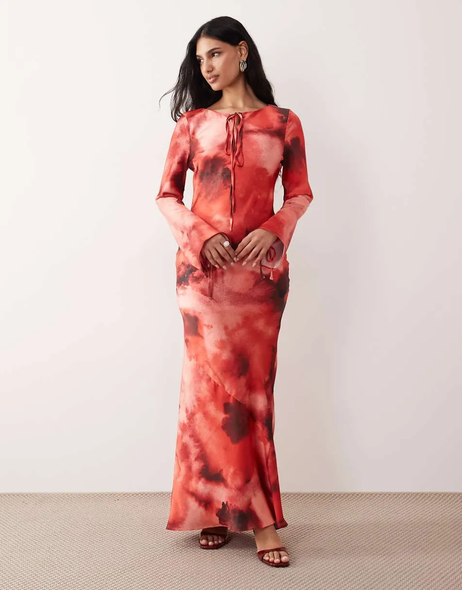 Daska satin tie detail maxi dress in red blur print
