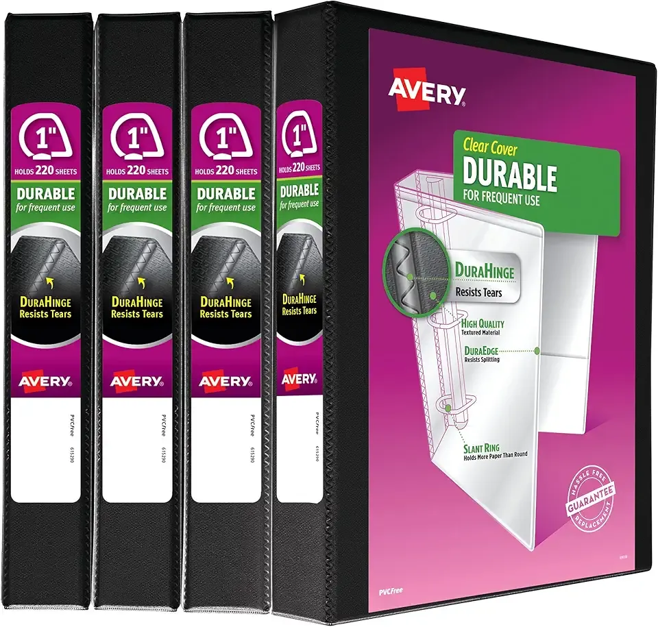 Avery Durable View 3 Ring Binder, 1 Inch Slant Rings, 4 Black Binders (05737)