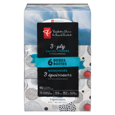 3-Ply Hypoallergenic Facial Tissues, 6 Boxes, 78 Sheets Each