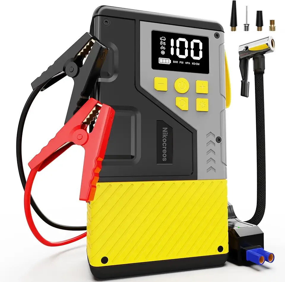 Portable Car Jump Starter with Air Compressor for Emergencies,3000A Peak and 150 PSI Max,for 12L Gas & 10L Diesel Engines,LCD Display,LED Light