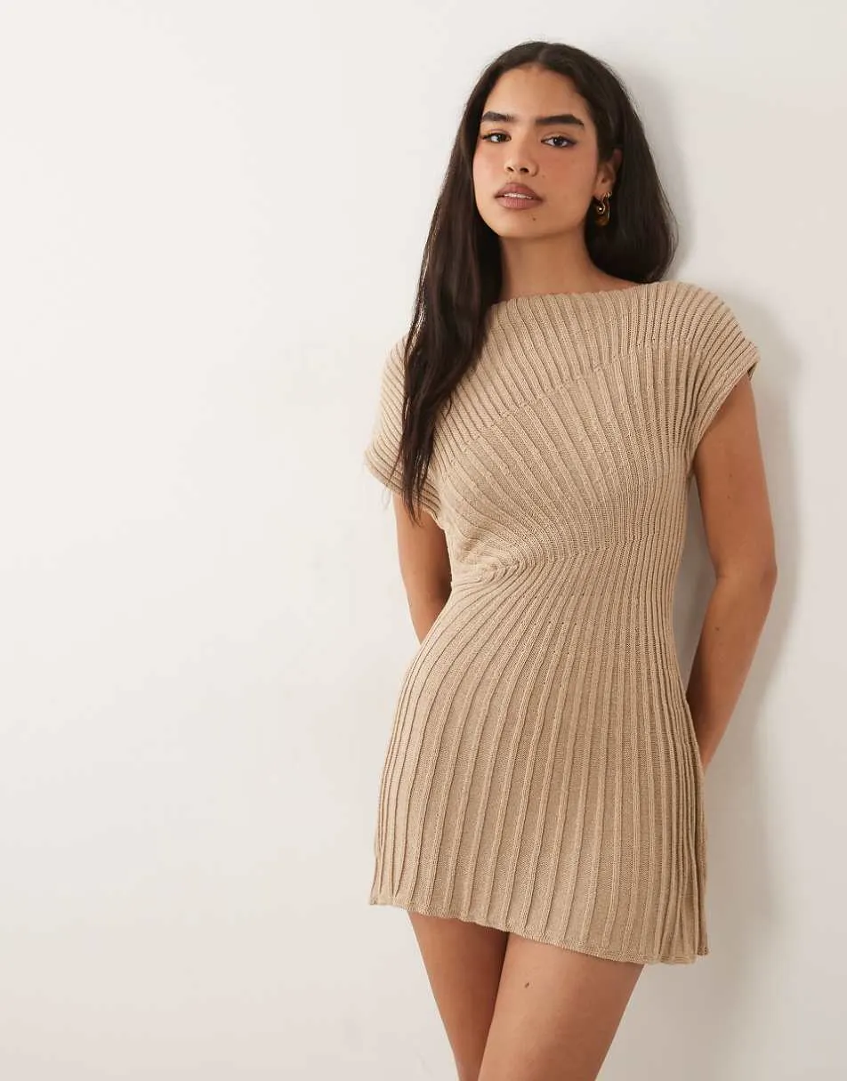 ASOS DESIGN knitted cinched pleated mini dress in stone