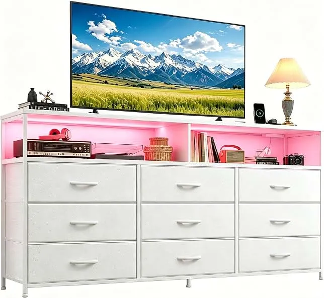 Romorgniz 55" W White Dresser for Bedroom with 9 Drawers LED TV Stand with Power Outlets for 45, 55, 65 Inch TV Sturdy Long Chest of Drawers with Extra 2 Wooden Shelves Steel Frame PU Leather Drawer