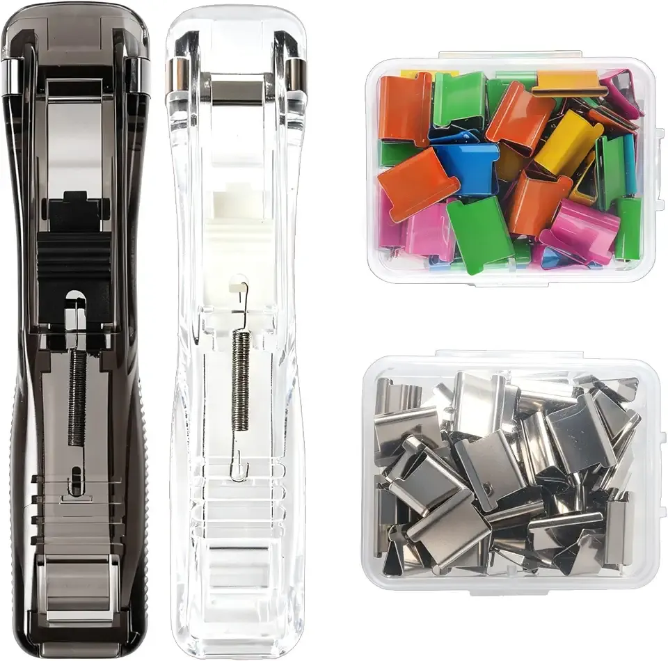 2 Pcs Portable Binder Clip Stapler, Reusable Handheld Paper Clam Clip Dispenser with 100 Metal Refills, Mini Push Stapler for Documents Office School Home Desk Supplies