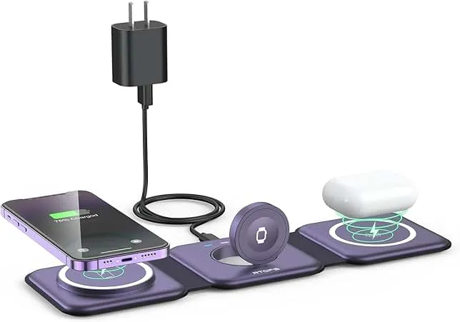 Wireless Charger 3 in 1,RTOPS Magnetic Travel Wireless Charging Station Multple Devices,GaN 3 in 1 Charging Station,Compatible for iPhone16/15/14/13/Pro/Max,iWatch,AirPods4/3/2/Pro(Adapter In…