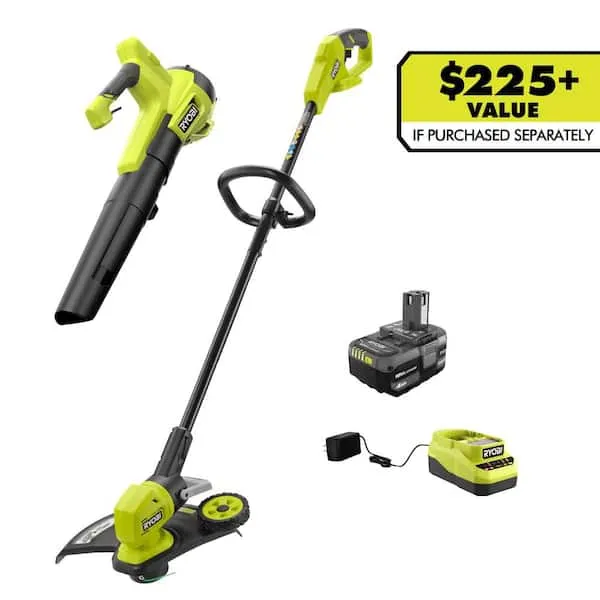 RYOBIONE+ 18V Cordless Battery String Trimmer/​Edger and Jet Fan Blower Combo Kit (2-​Tools)​ with 4.​0 Ah Battery and Charger