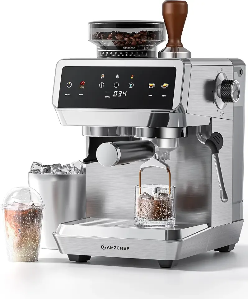 Espresso Machine With Grinder, 190℉-201℉ Temp Control Coffee machine with 44 Grind Setting, Milk Frother, Touch Screen, Cold Brew, Sliver