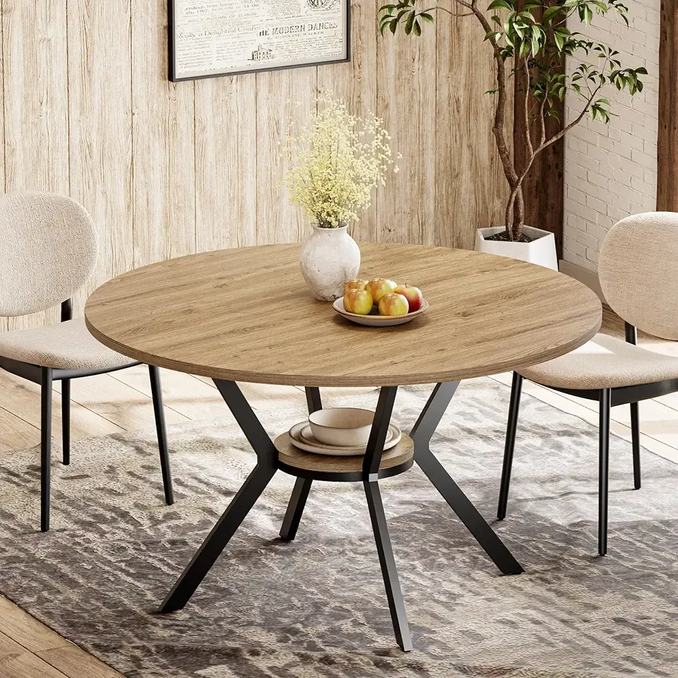 MECHYIN 42 Inch Round Dining Table for 2–4, Farmhouse Round Kitchen Table with Storage Shelf, Pedestal Dining Table, Wood Top & Metal Base, Small Space Table for Apartment, Dining Room