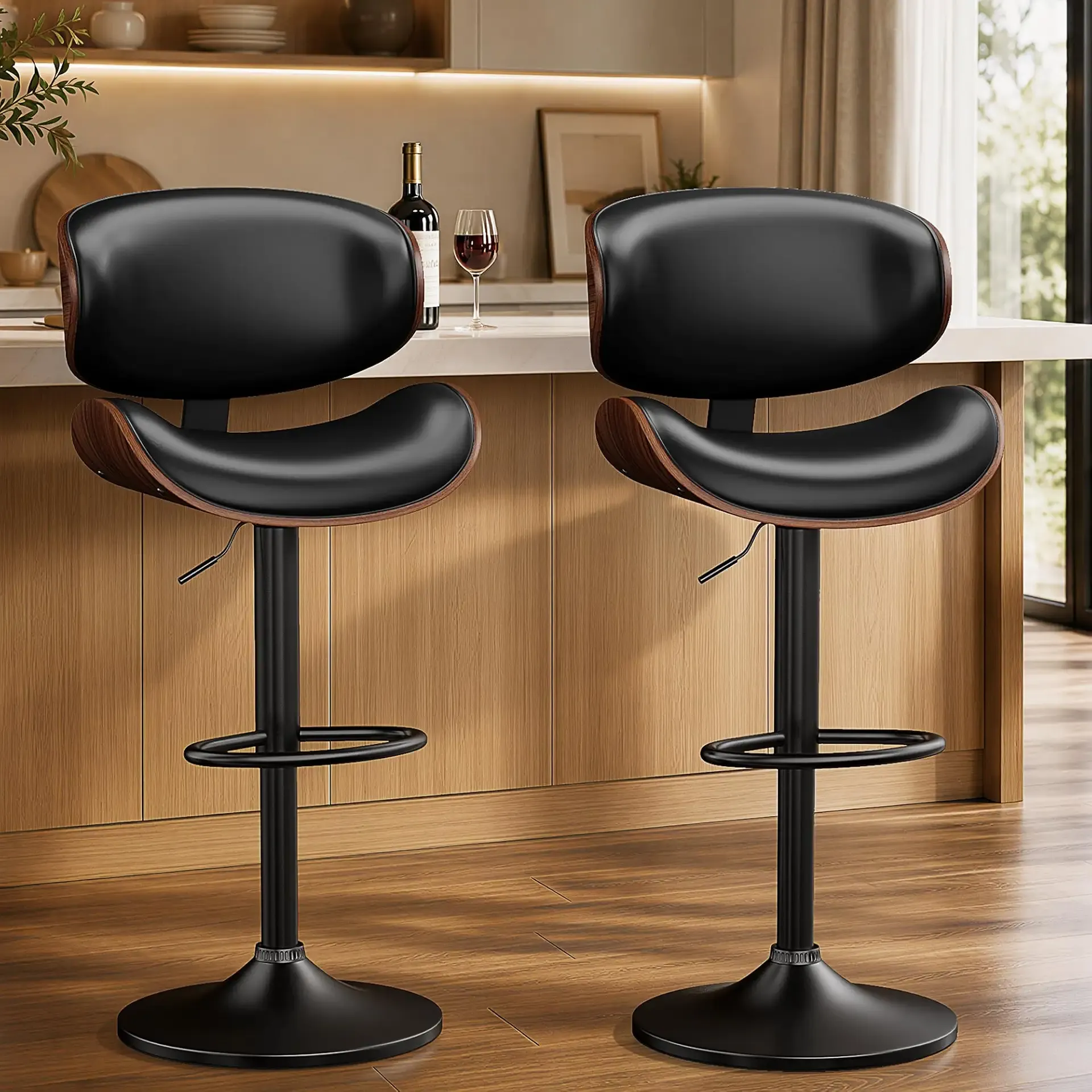 YaFiti Swivel Bar Stools Set of 2, Bar Stools for Kitchen Counter, Black | Modern PU Leather Upholstered Bar Chair with Back and Footrest, for Bar, Kitchen, Dining Room
