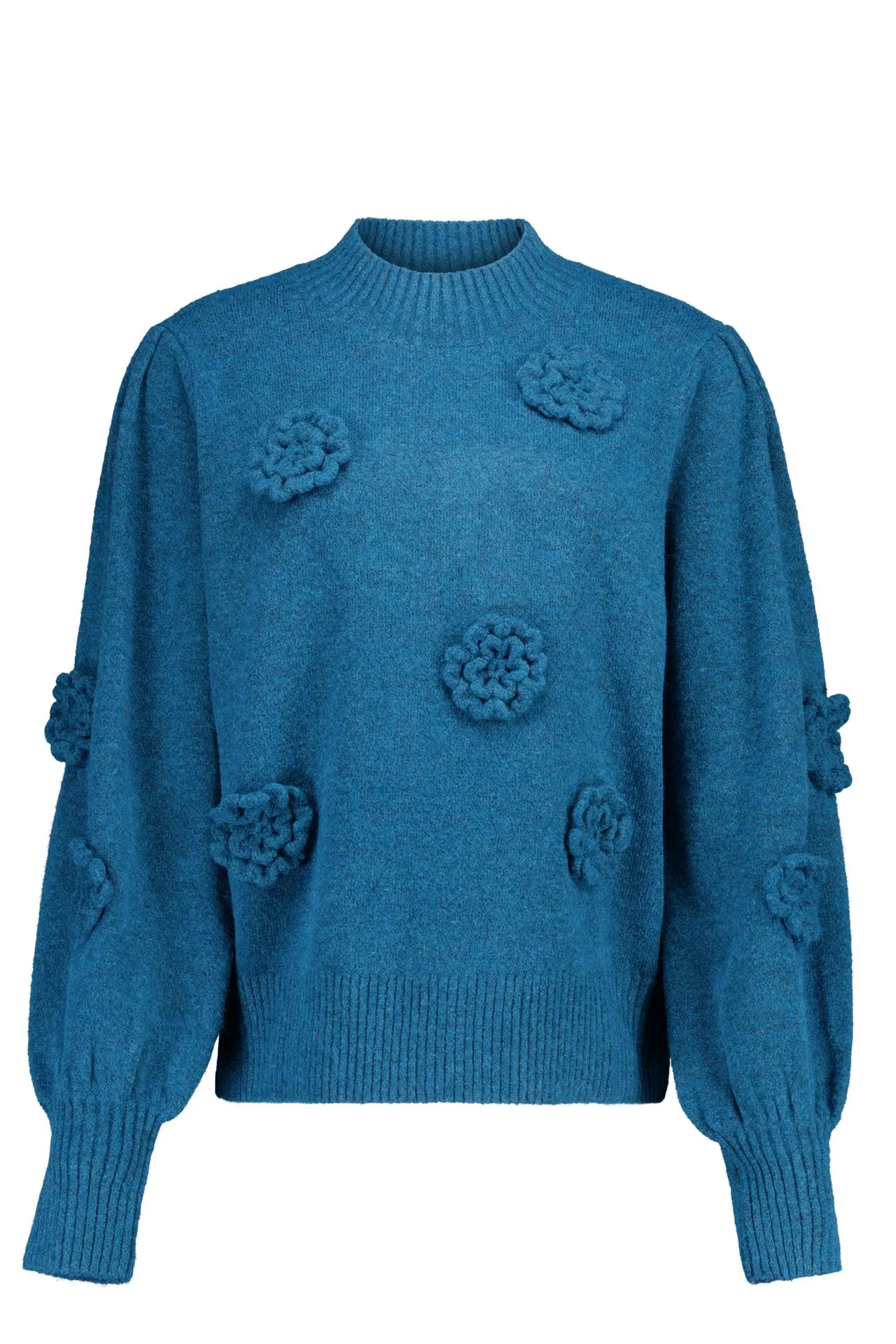 Blauwe gebreide trui met bloemen