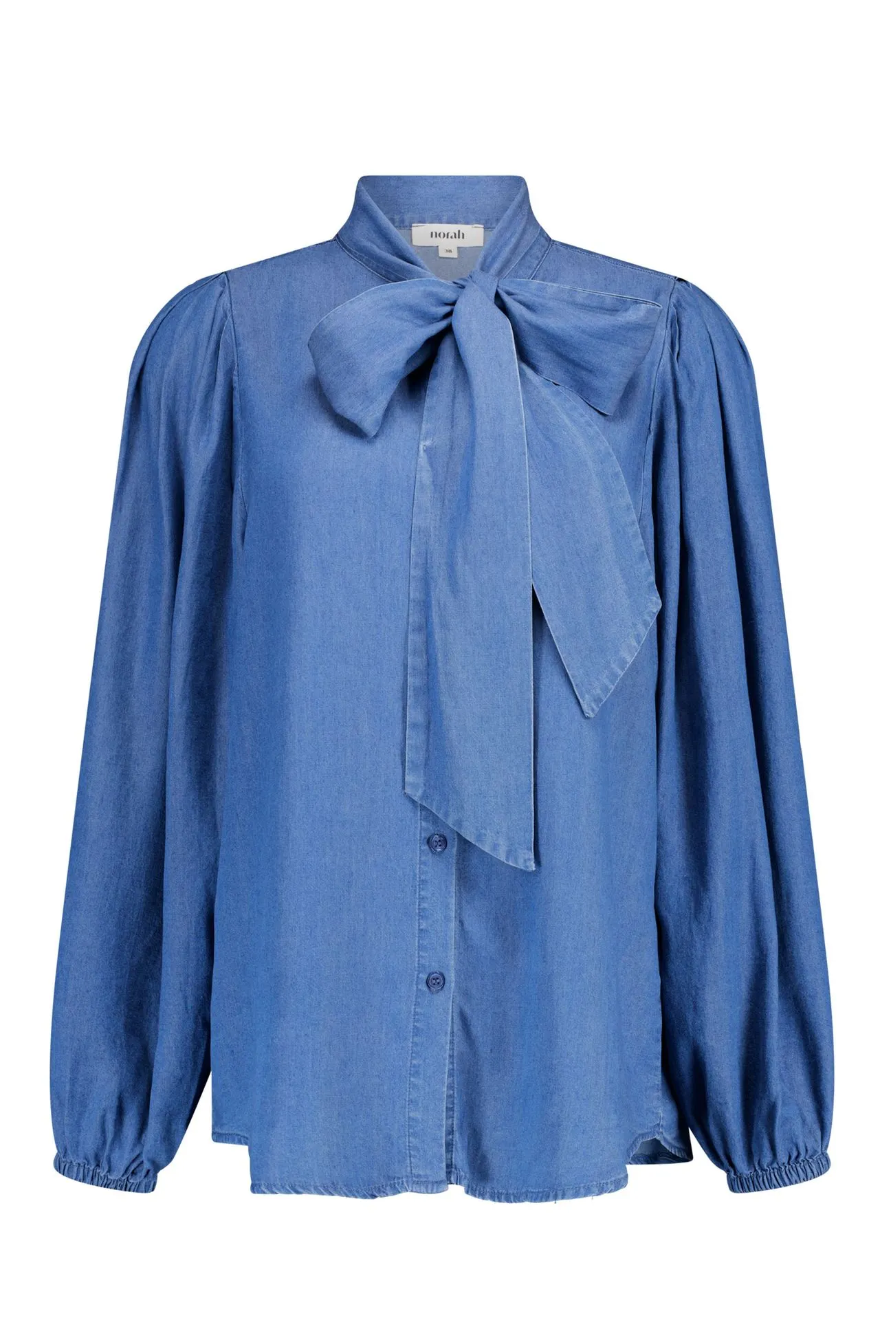 Blauwe denim blouse met strikdetail
