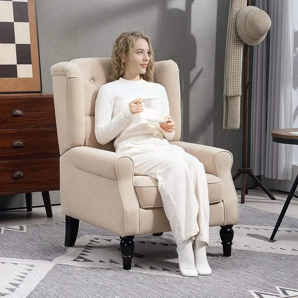 HOMCOM Mid-Century Modern Accent Chair, High Wingback Chair, Button-Tufted Upholstered Fabric Armchair with Retro Wood Legs for Living Room, Bedroom, Beige