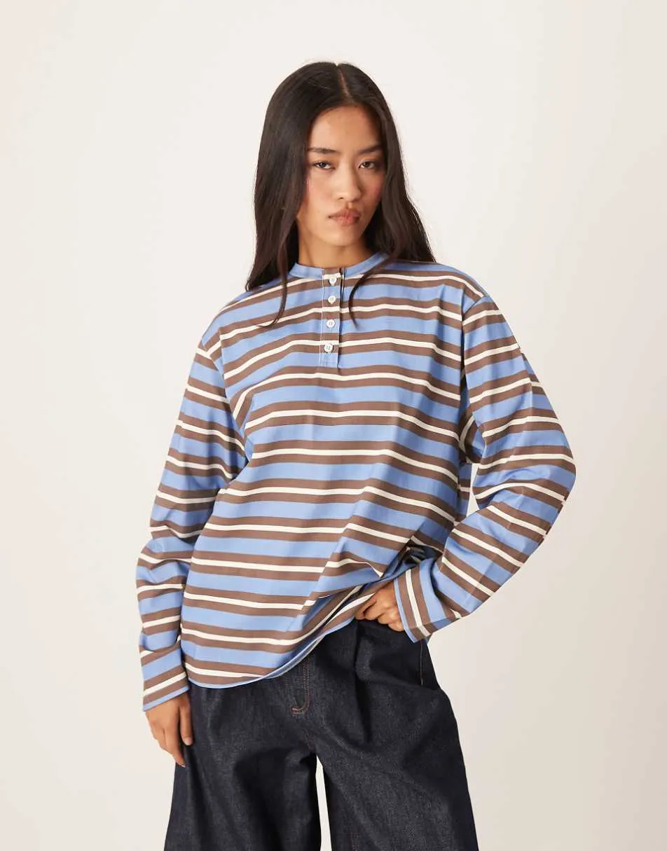 ASOS DESIGN oversized stripe henley top in blue