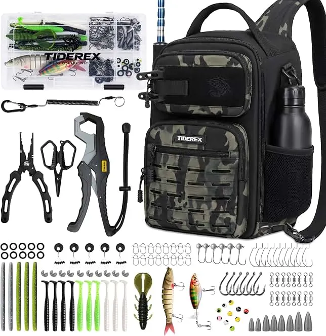 TideRex Fishing Sling Bag with 3500 Tackle Box & Fishing Gear, Black Camo. | With Lures, Hooks, Rigs, Tools, Waterproof & Lightweight, Fr…