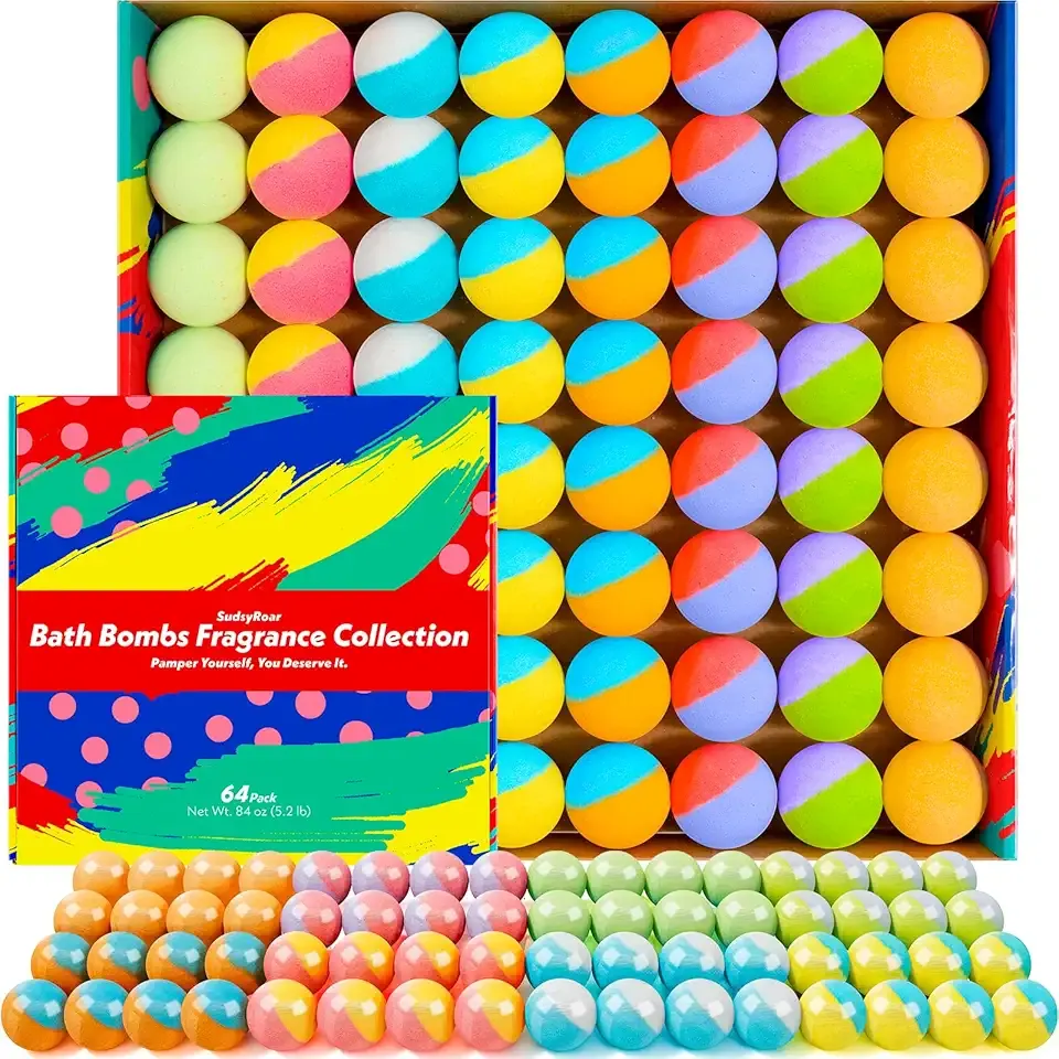 64 Pack Natural Bath Bombs Bulk Set – 8 Scents, Organic Ingredients, Long-Lasting Bubbles, Relaxing Gifts for Women & Men, Self-Care, Birthday, Christmas & Stocking Stuffers
