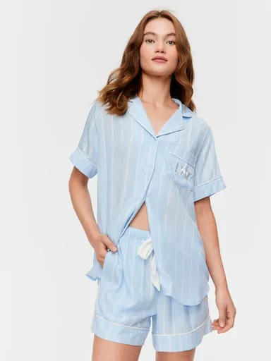 Light Blue Stripe 100% Textured Viscose Mid Short