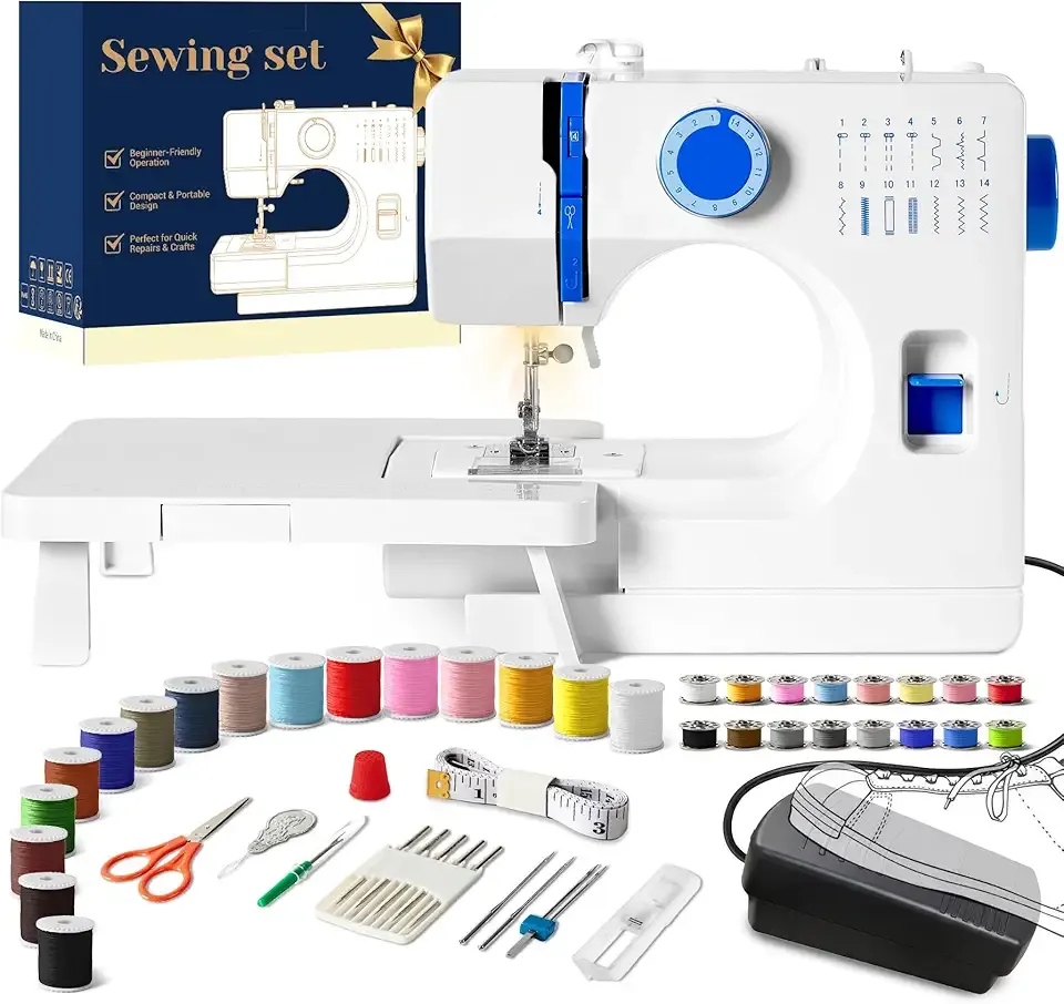 Portable Mini Sewing Machine for Beginners, 14 Stitches, Easy Dial Control, LED Light & Extension Table, Compact Lightweight for Home DIY Mending, Ideal Gift for Kids Adults White Blue