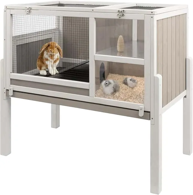 Gowoodhut Elevated Guinea Pig Cage 36.6" H Wooden Outdoor Rabbit Hutch with Wire Netting Above The Pull Out Tray, Detachable Legs Ha…