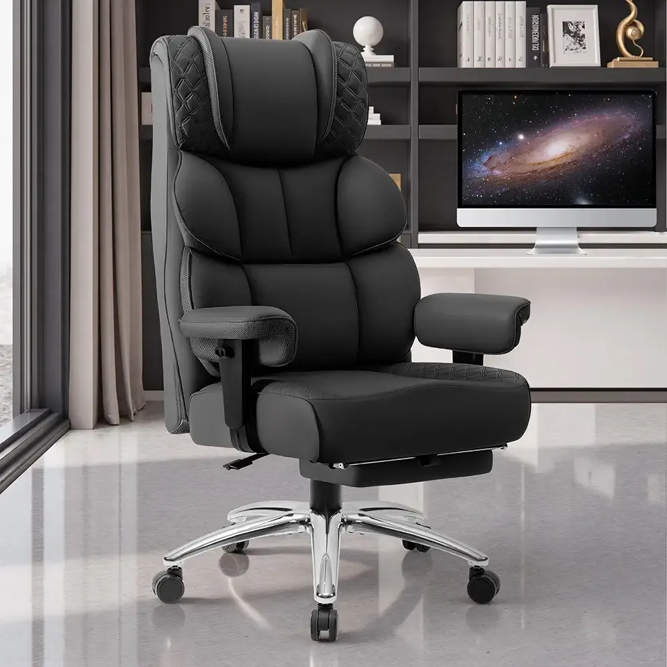 Office Desk Chair, Big and Tall Leather Gaming Chair with Footrest, Wide Ergonomic Comfy Executive High-Back Reclining Computer Chairs, Swivel Rolling Wheels and Padded Lumbar Support, Black