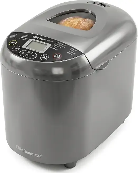 Elite Gourmet Programmable Bread Maker with PFAS-Free CERALAST™ Ceramic Pan, 2 lb Loaf, 19 Presets incl. Gluten-Free, 3 Sizes, Delay Timer, Steel Gray
