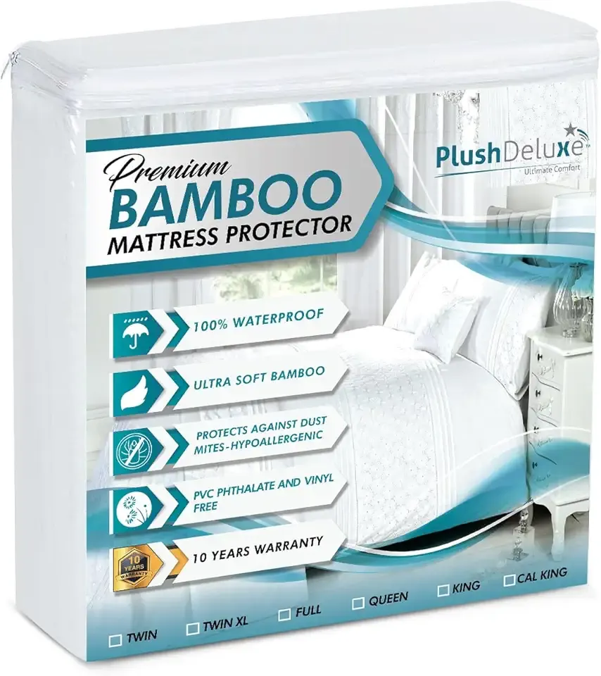 PlushDeluxe Premium Bamboo Mattress Protector – King Size, Waterproof, & Ultra Soft Breathable Noiseless Washable Bed Mattress Cover for Comfort & Protection - White