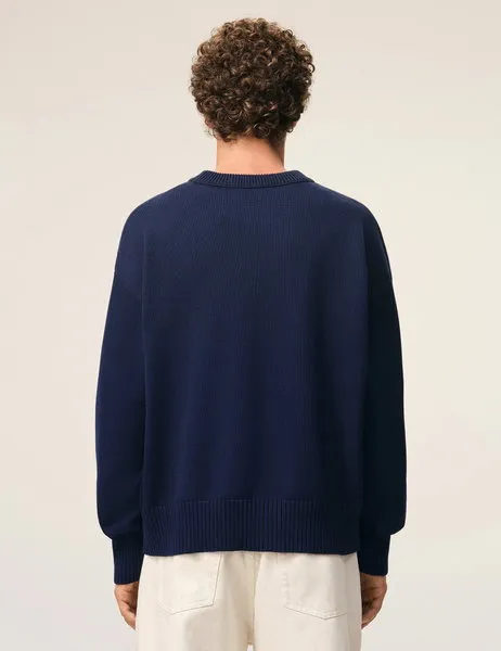 Cotton Wool Knit Crew Neck Sweater Ami De Coeur Ink/Ecru