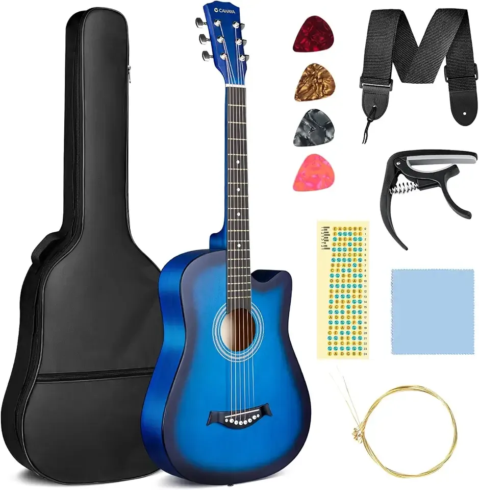 CAHAYA Acoustic Guitar: For Beginner 38 Inch Cutaway All Wood Guitar Starter Kit for Kids Teenager Adults with Guitar bag, Brass strings, Capo, String Pick, Scale Stickers and Cloth CY0354