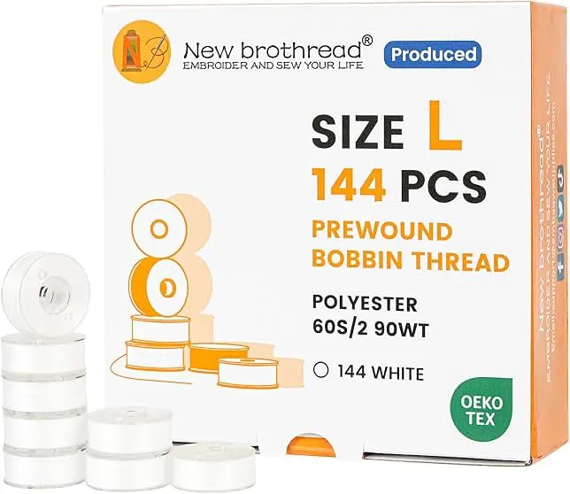 New brothread 144pcs Type L (SA155) Size White Prewound Bobbin Thread Plastic Side for Commercial & Home Embroidery and Sewing Machines - 90 Weight Cottonized Soft Feel Polyester Sewing Thread