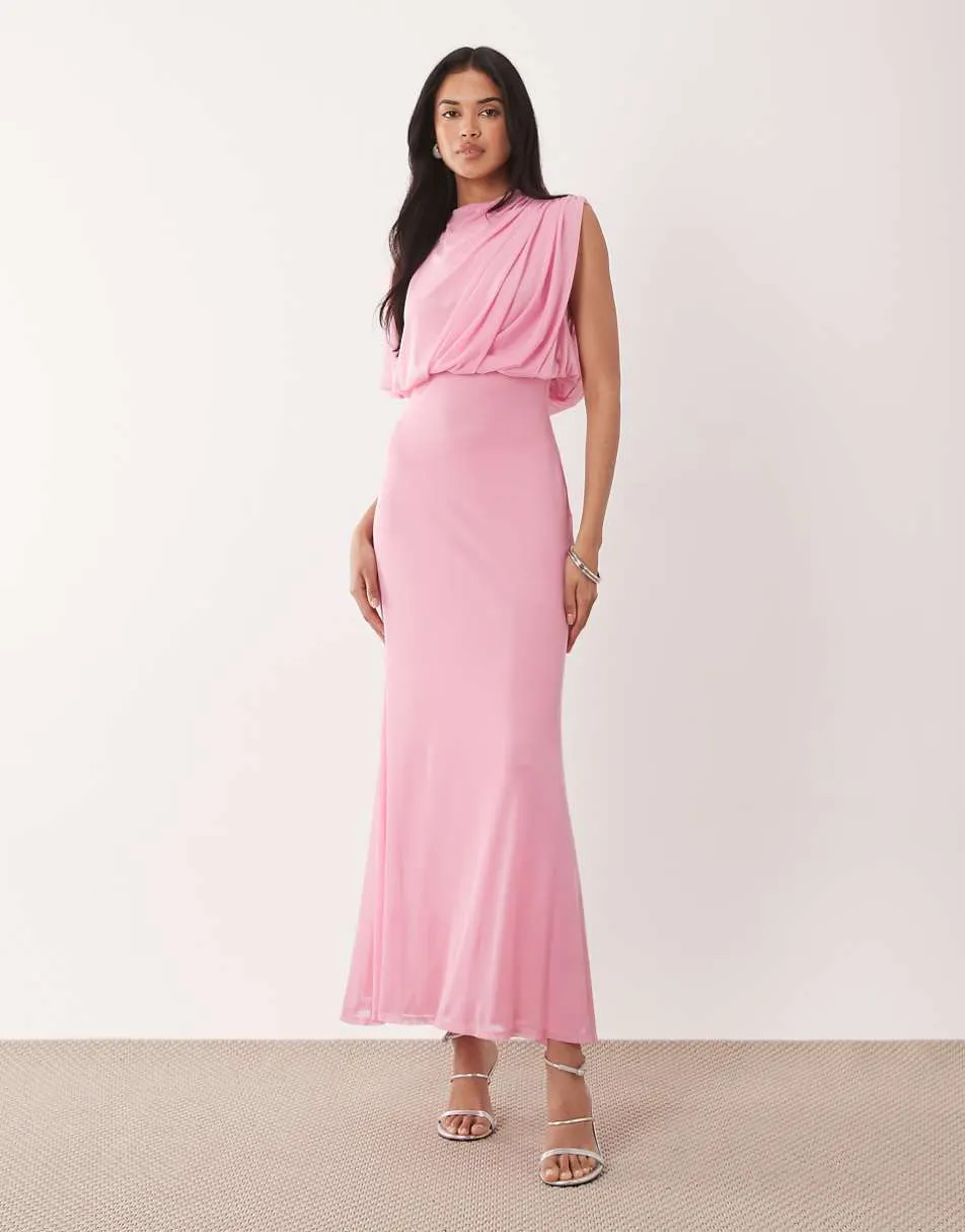 ASOS DESIGN mesh asymmetric cap sleeve blouson bodice midi dress in pink